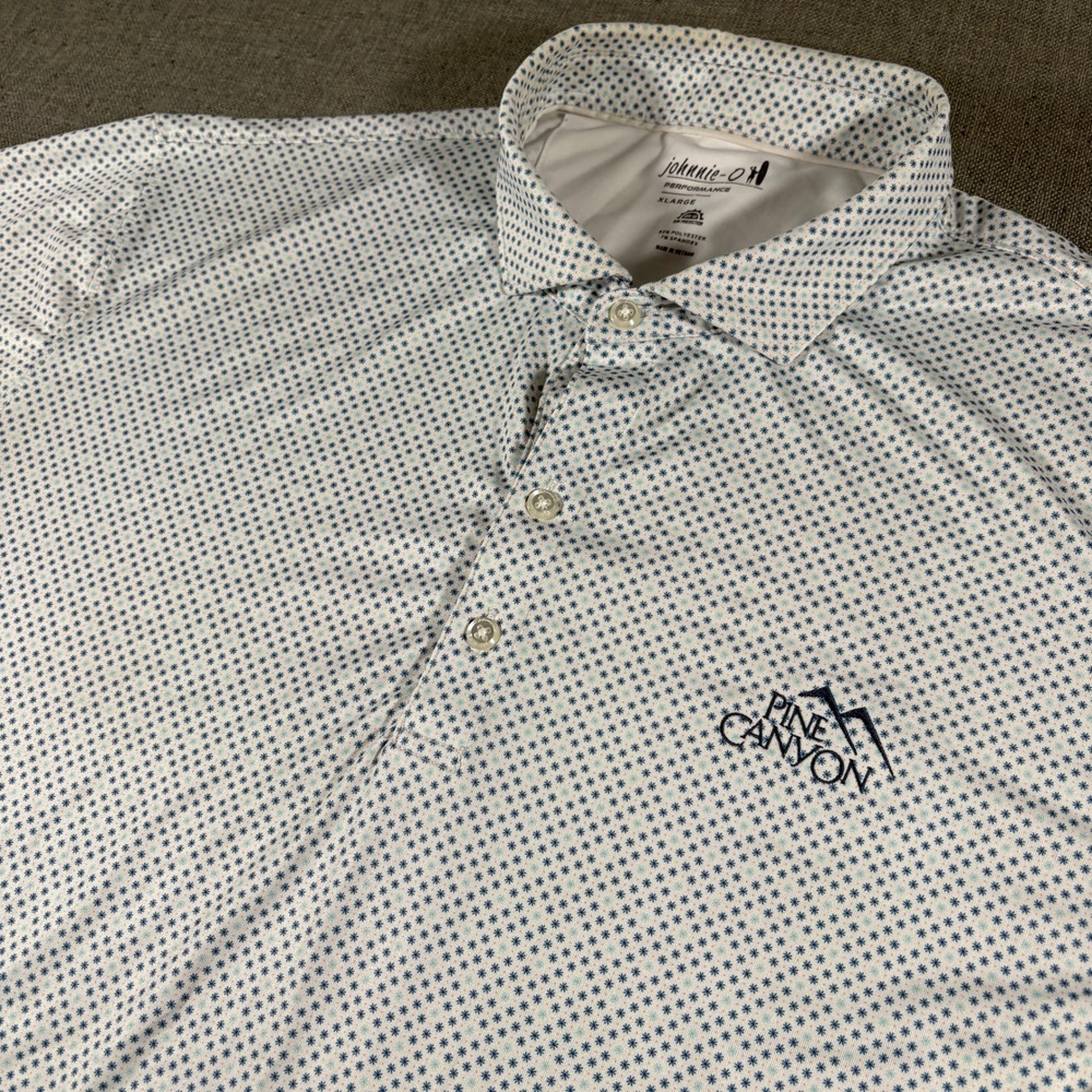Johnnie-O Polo Shirt Mens XL White Blue Geometric Performance Pine Canyon Logo